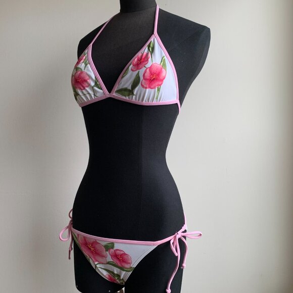 Billabong BLUE CRUSH era Vintage White & pink floral triangle set RARE - Picture 5 of 6